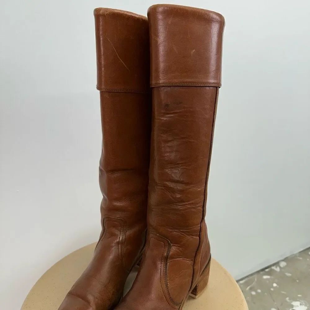 Frye Women’s Vintage 1970s Fold Cuff Knee Block Heel Cognac Leather Boot - Picture 8 of 14
